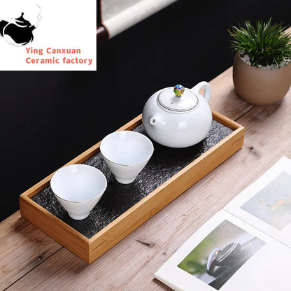 Natural Bamboo Double Layer Black Stone Tea Tray Rectangular Water Storage Small Tea Tray Chinese Tea Ceremony Accessories