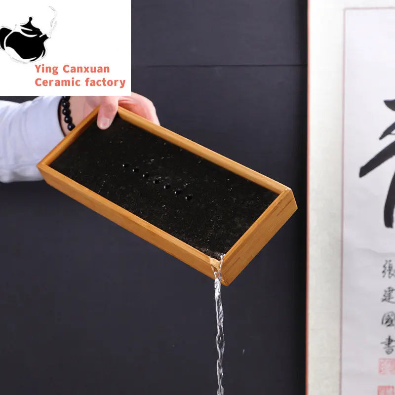 Natural Bamboo Double Layer Black Stone Tea Tray Rectangular Water Storage Small Tea Tray Chinese Tea Ceremony Accessories