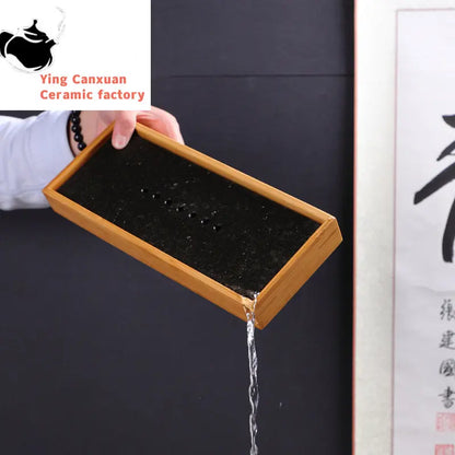 Natural Bamboo Double Layer Black Stone Tea Tray Rectangular Water Storage Small Tea Tray Chinese Tea Ceremony Accessories