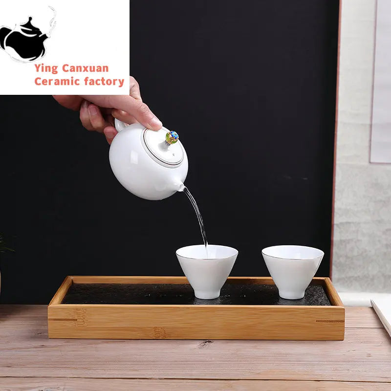 Natural Bamboo Double Layer Black Stone Tea Tray Rectangular Water Storage Small Tea Tray Chinese Tea Ceremony Accessories