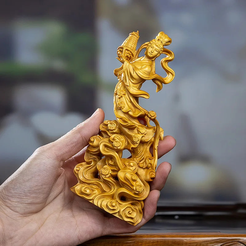 Natural Boxwood  Beauty Scattered Flowers Figure Statue Solid Wood Carving Chinese Traditional Art Home Room Office Decorations