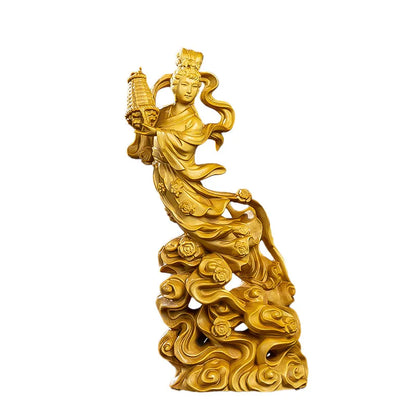 Natural Boxwood  Beauty Scattered Flowers Figure Statue Solid Wood Carving Chinese Traditional Art Home Room Office Decorations