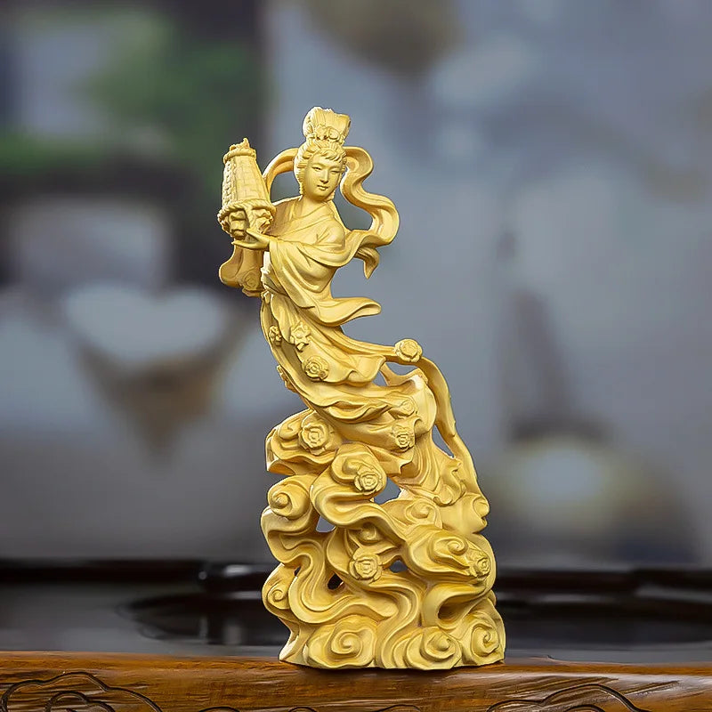 Natural Boxwood  Beauty Scattered Flowers Figure Statue Solid Wood Carving Chinese Traditional Art Home Room Office Decorations