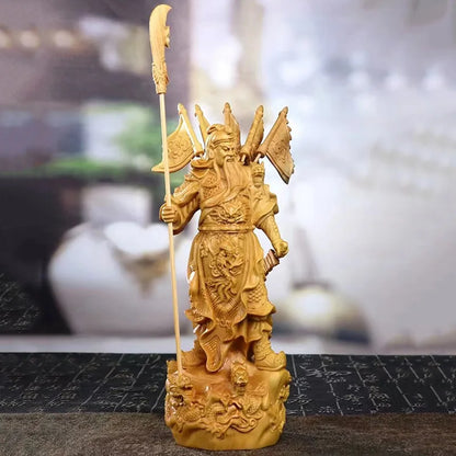 Natural Boxwood  Kowloon Kwan Kung Statue ，Solid Wood Carving Home Room Office Feng Shui God of Wealth Figure Statue