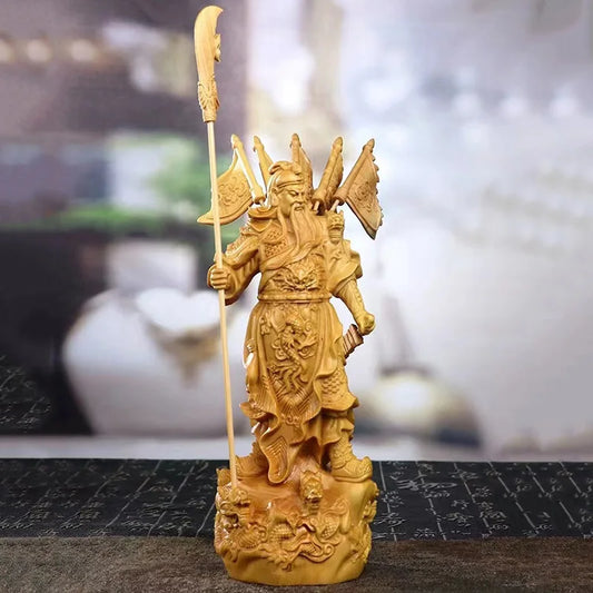 Natural Boxwood  Kowloon Kwan Kung Statue ，Solid Wood Carving Home Room Office Feng Shui God of Wealth Figure Statue