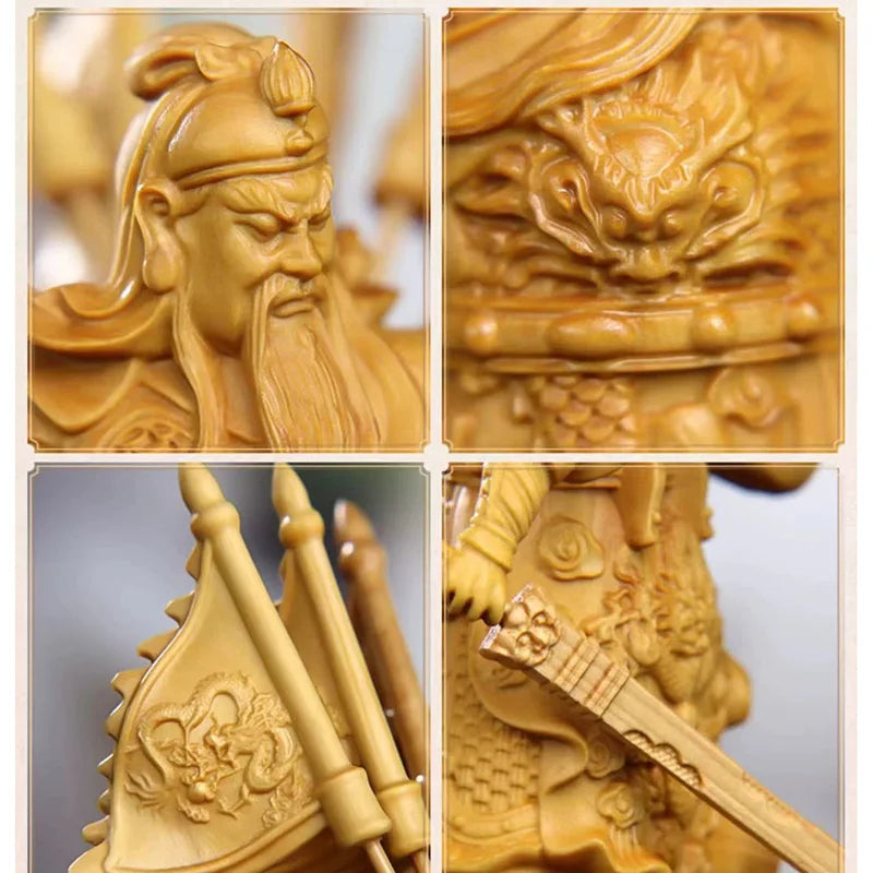 Natural Boxwood  Kowloon Kwan Kung Statue ，Solid Wood Carving Home Room Office Feng Shui God of Wealth Figure Statue