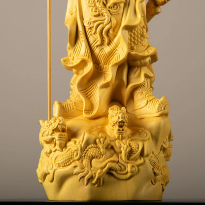 Natural Boxwood  Kowloon Kwan Kung Statue ，Solid Wood Carving Home Room Office Feng Shui God of Wealth Figure Statue