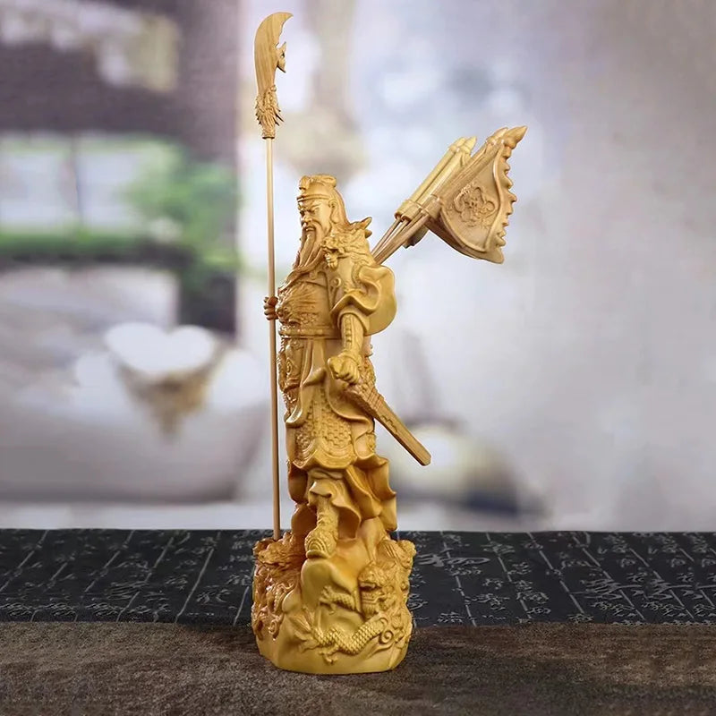 Natural Boxwood  Kowloon Kwan Kung Statue ，Solid Wood Carving Home Room Office Feng Shui God of Wealth Figure Statue