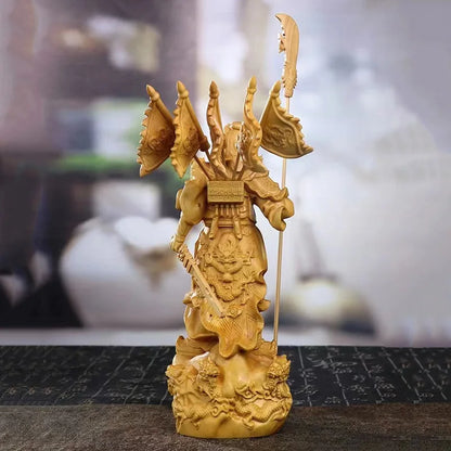 Natural Boxwood  Kowloon Kwan Kung Statue ，Solid Wood Carving Home Room Office Feng Shui God of Wealth Figure Statue