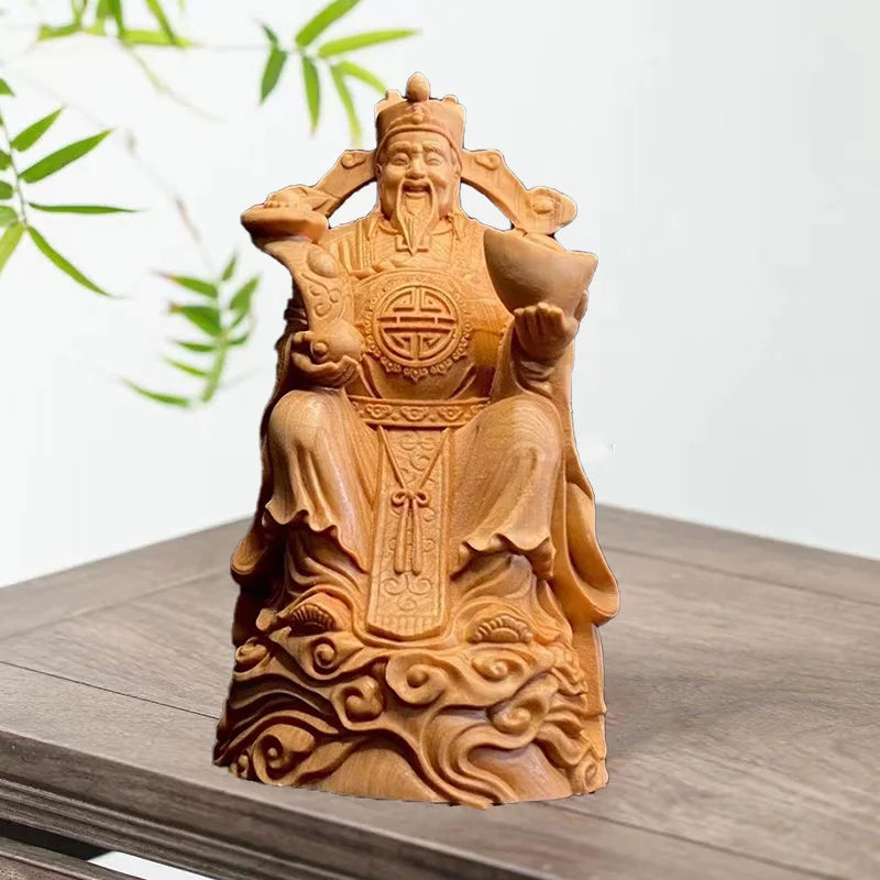 Natural Cypress China God of Wealth Figure Statue Solid wood Artwork Home Living Room Office ,Log Color God of Wealth Statue