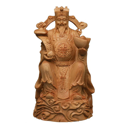 Natural Cypress China God of Wealth Figure Statue Solid wood Artwork Home Living Room Office ,Log Color God of Wealth Statue