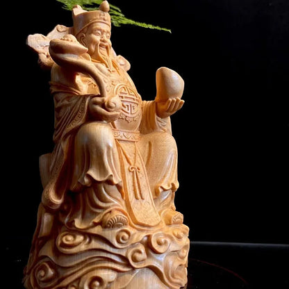 Natural Cypress China God of Wealth Figure Statue Solid wood Artwork Home Living Room Office ,Log Color God of Wealth Statue