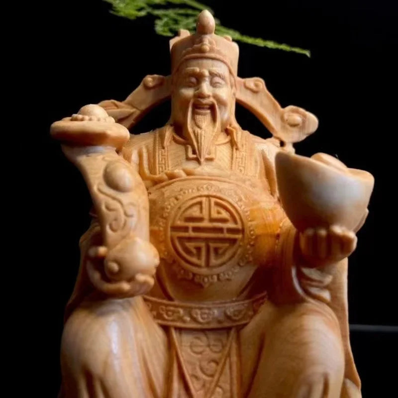 Natural Cypress China God of Wealth Figure Statue Solid wood Artwork Home Living Room Office ,Log Color God of Wealth Statue