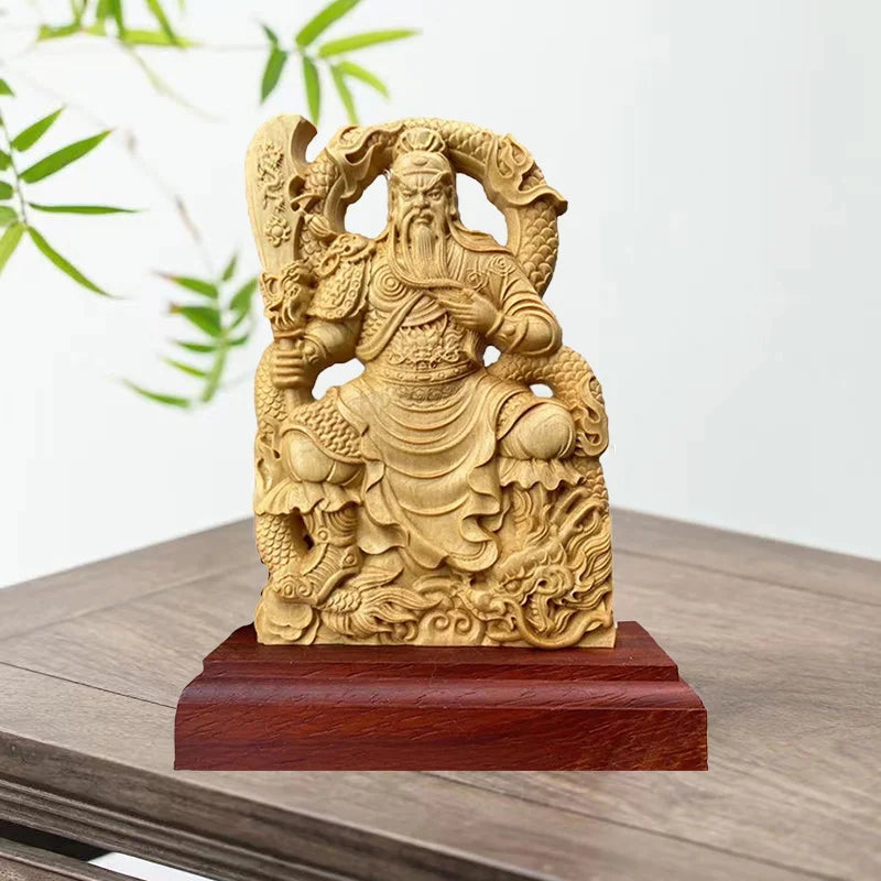Natural Cypress Guan Gong Characters Decorative Statue Solid wood carving Chinese God Of WealthHome Room Office Feng Shui Statue