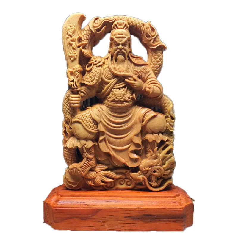 Natural Cypress Guan Gong Characters Decorative Statue Solid wood carving Chinese God Of WealthHome Room Office Feng Shui Statue