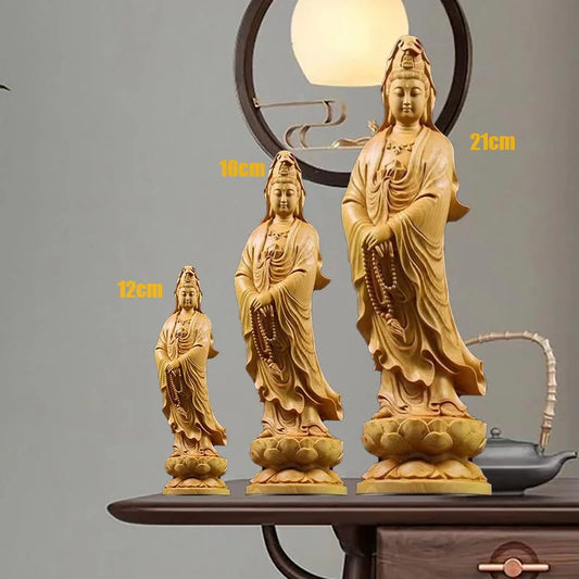 Natural Cypress Guanyin  Buddha Decorative Characters Statue ,Solid Wood Art Carving Home Room Office Feng Shui Statue