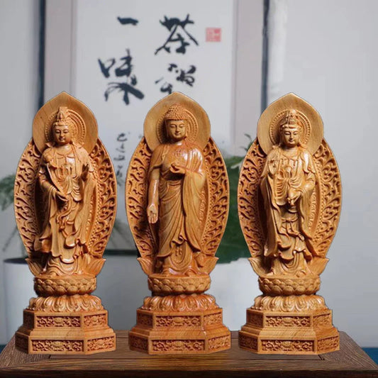 Natural Cypress Guanyin, Tathagata Statue Solid Wood Carving Chinese Buddhist Figures Home Room Office Feng Shui Statue Suit