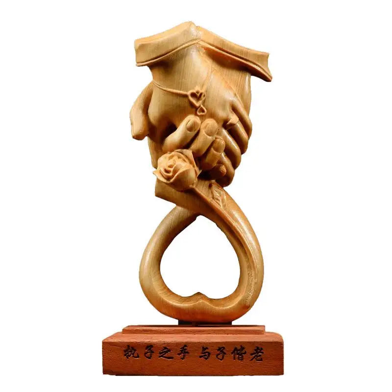 Natural Cypress Hand in Hand Love Statue Solid Wood Carving  High Quality Home Room Office Wedding Decoration Souvenirs 6.28 in