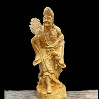 Natural Cypress-Jigong Characters Statue Solid Wood Carving Chinese Buddha Statues Home Room Office Decoration Statue 17cm