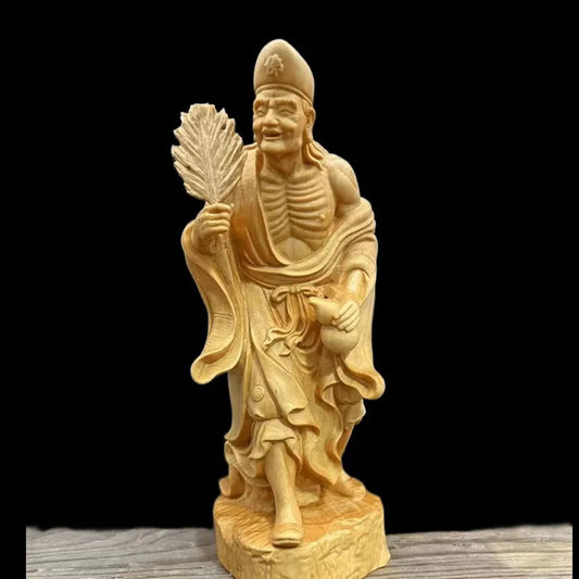 Natural Cypress-Jigong Characters Statue Solid Wood Carving Chinese Buddha Statues Home Room Office Decoration Statue 17cm