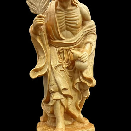 Natural Cypress-Jigong Characters Statue Solid Wood Carving Chinese Buddha Statues Home Room Office Decoration Statue 17cm