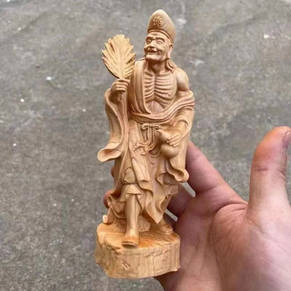 Natural Cypress-Jigong Characters Statue Solid Wood Carving Chinese Buddha Statues Home Room Office Decoration Statue 17cm