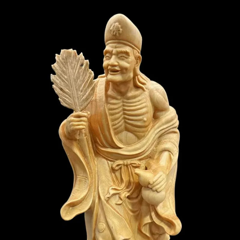 Natural Cypress-Jigong Characters Statue Solid Wood Carving Chinese Buddha Statues Home Room Office Decoration Statue 17cm