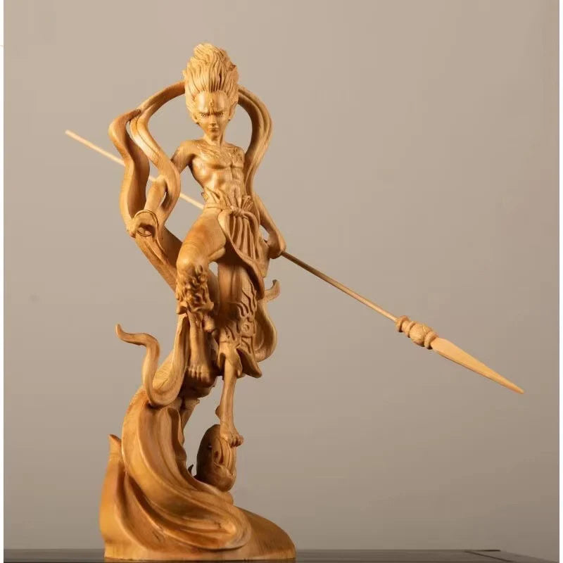 Natural Cypress Nezha Prince Statue Solid Wood Art Carving Chinese Mythological Characters Home Room Office Art Statue 7.86 in