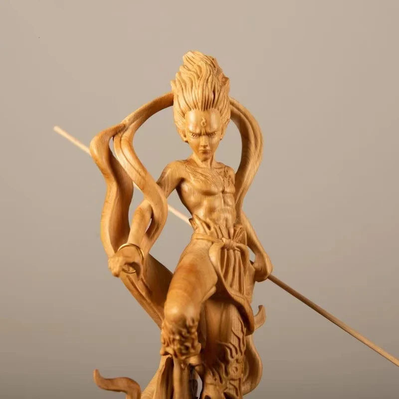 Natural Cypress Nezha Prince Statue Solid Wood Art Carving Chinese Mythological Characters Home Room Office Art Statue 7.86 in