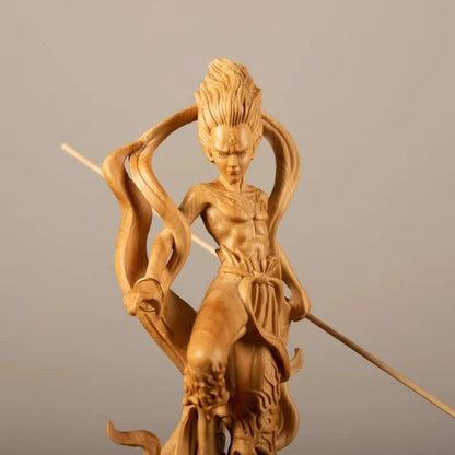Natural Cypress Nezha Prince Statue Solid Wood Art Carving Chinese Mythological Characters Home Room Office Art Statue 7.86 in