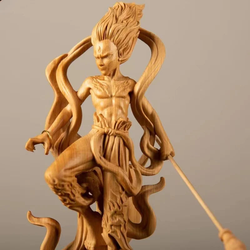 Natural Cypress Nezha Prince Statue Solid Wood Art Carving Chinese Mythological Characters Home Room Office Art Statue 7.86 in