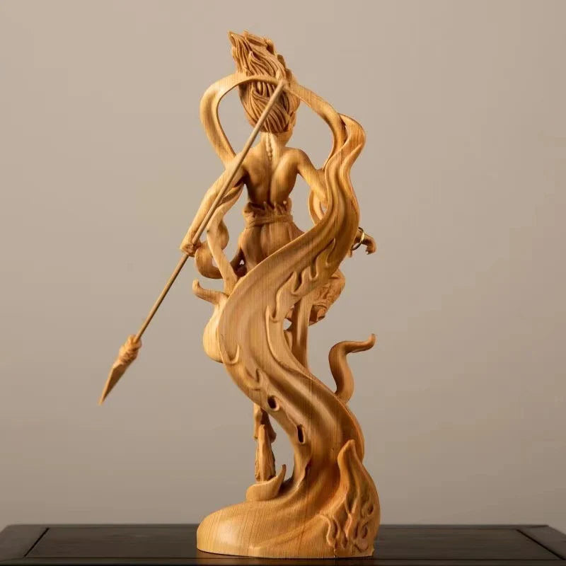 Natural Cypress Nezha Prince Statue Solid Wood Art Carving Chinese Mythological Characters Home Room Office Art Statue 7.86 in