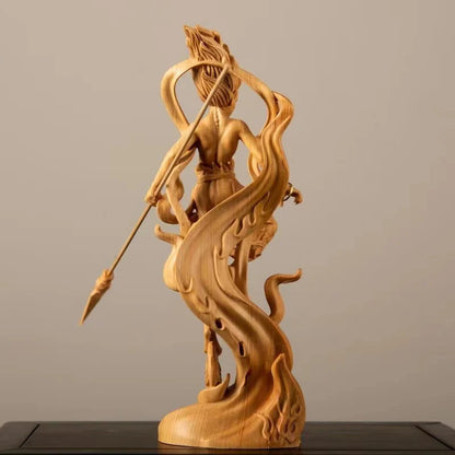 Natural Cypress Nezha Prince Statue Solid Wood Art Carving Chinese Mythological Characters Home Room Office Art Statue 7.86 in