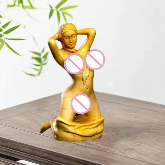 Natural Cypress Wood Nude Female Characters Statue -Solid Wood Carved ,Sexy Girl Home Room, Office Decoration Artwork 4.71 in