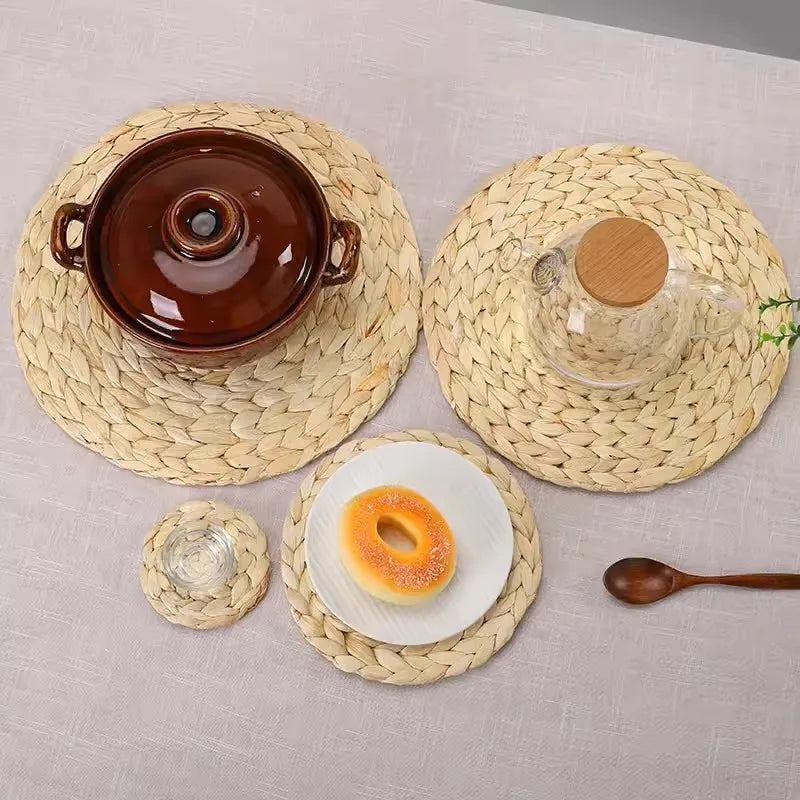 Natural Handmade Straw Woven Placemat, Round Braided Placemat, Table Mat, 4Pcs