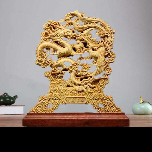 Natural Log Color, Dragon, Phoenix， Decorative Statue Solid wood Carving Chinese Auspicious Animals Home Office Decorations