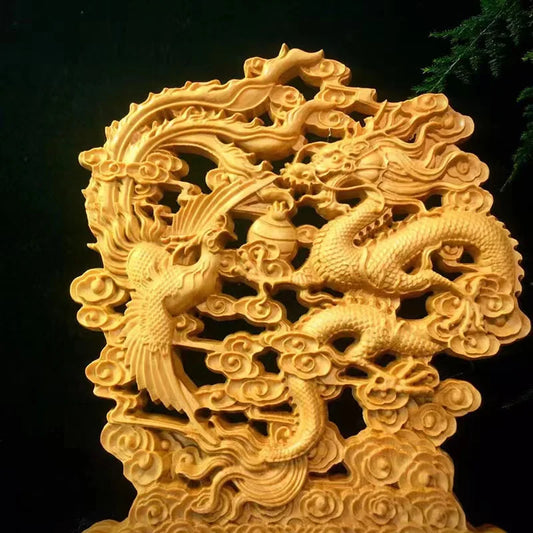 Natural Log Color, Dragon, Phoenix， Decorative Statue Solid wood Carving Chinese Auspicious Animals Home Office Decorations