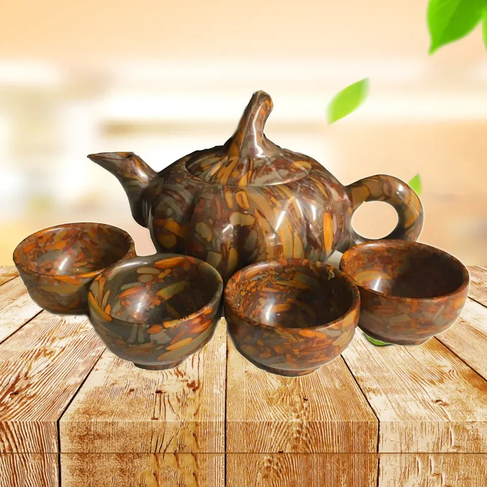 Natural Nuwa Stone Teapot Colorful Stone Health Care Tea Set Jade Tea Cup Teapot Set High-End Tea Set Gifts Crafts