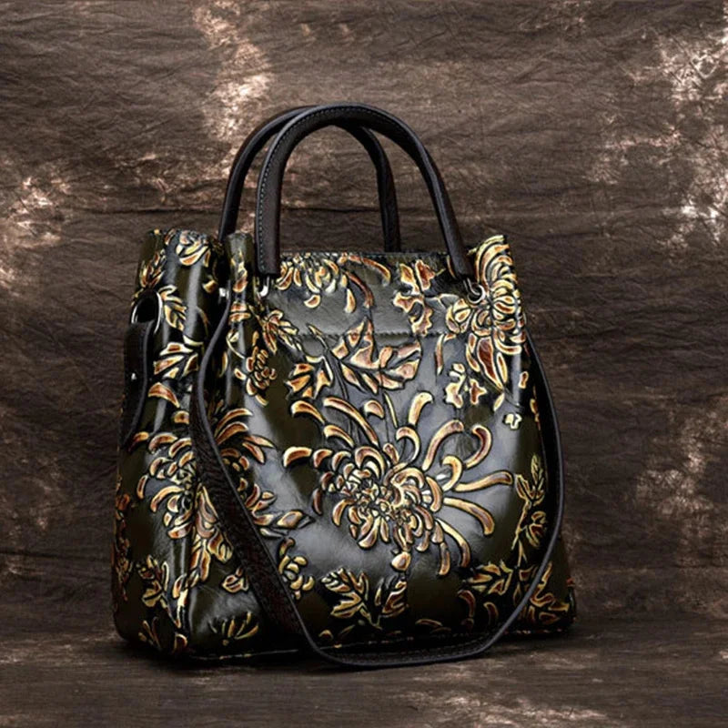 Natural Skin Embossed Messenger Shoulder Female Handbag Tote Bags Floral High Quality Genuine Leather Women Top Handle Bag
