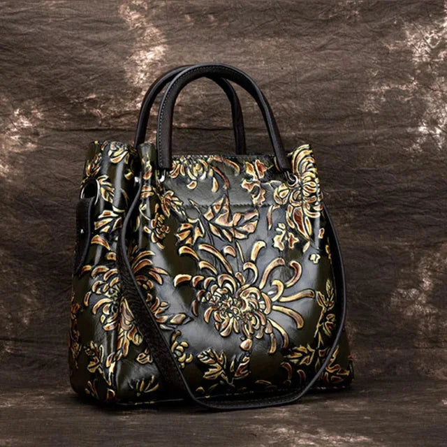 Natural Skin Embossed Messenger Shoulder Female Handbag Tote Bags Floral High Quality Genuine Leather Women Top Handle Bag