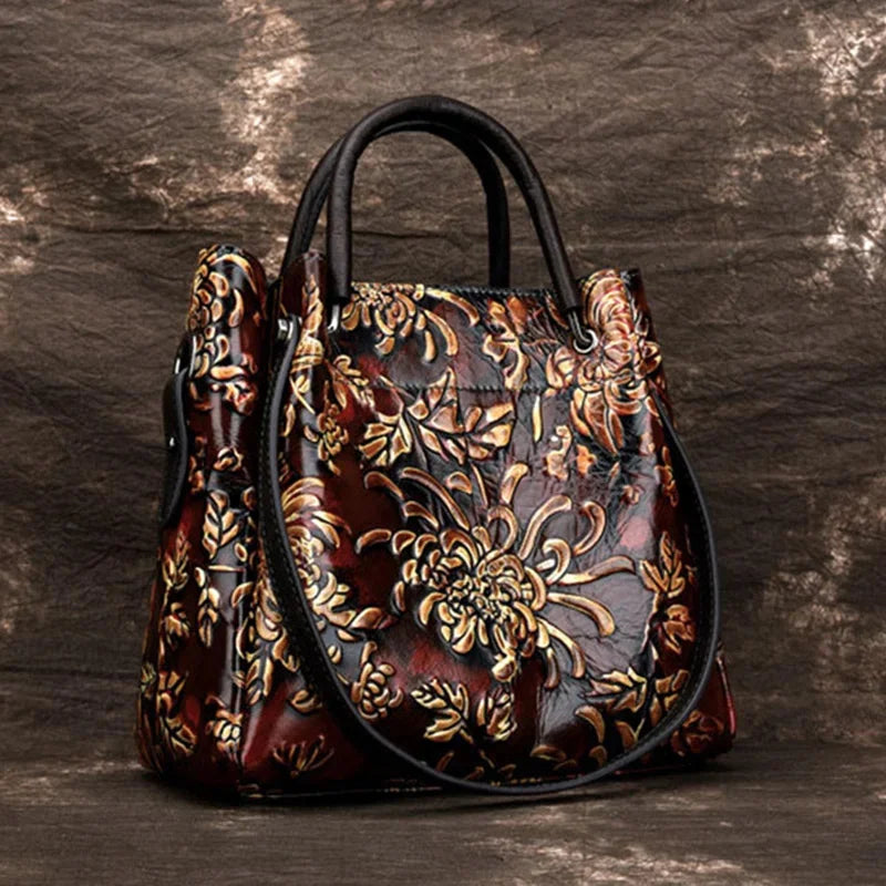 Natural Skin Embossed Messenger Shoulder Female Handbag Tote Bags Floral High Quality Genuine Leather Women Top Handle Bag