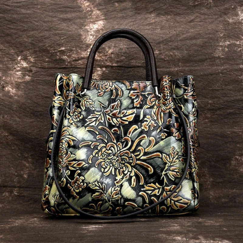 Natural Skin Embossed Messenger Shoulder Female Handbag Tote Bags Floral High Quality Genuine Leather Women Top Handle Bag