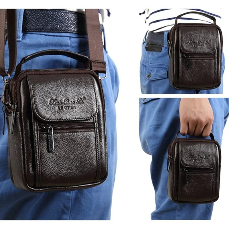 Natural Skin Men Mini Shoulder Messenger Crossbody Fanny Bags Handbag Belt Hip Bum Waist Pack Genuine Leather Tote Business Bag