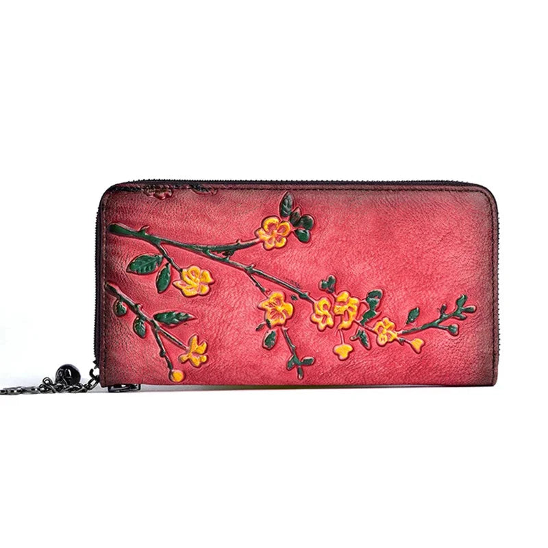 Natural Skin Purse Clutch Wrist Bag Female Designer Handmade Embossed Floral Women Genuine Leather Long Zipper Wallet