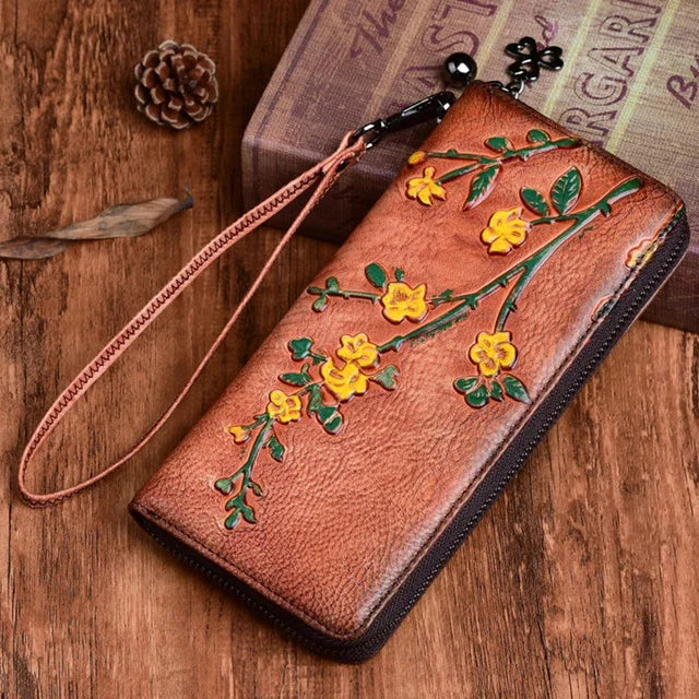 Natural Skin Purse Clutch Wrist Bag Female Designer Handmade Embossed Floral Women Genuine Leather Long Zipper Wallet