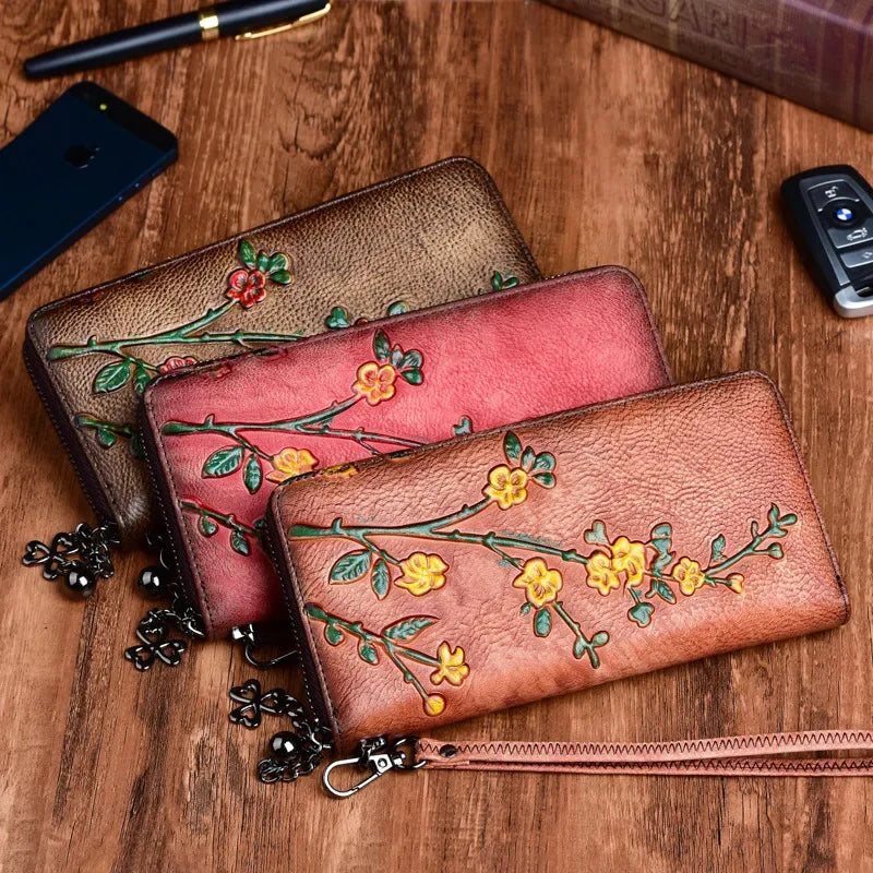 Natural Skin Purse Clutch Wrist Bag Female Designer Handmade Embossed Floral Women Genuine Leather Long Zipper Wallet