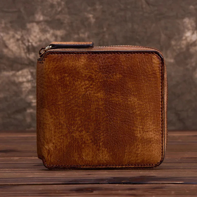 Natural Skin Women Purse Zipper Coin Pocket Handy Money Bag Multi-Card Holder Retro Genuine Leather Clutch Mini Short Wallet