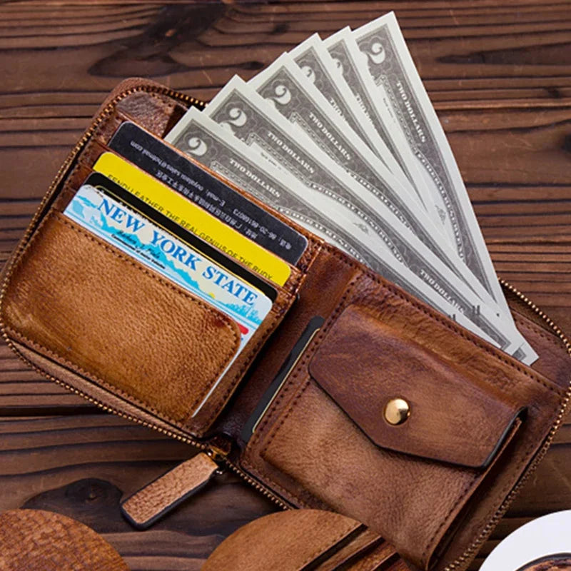 Natural Skin Women Purse Zipper Coin Pocket Handy Money Bag Multi-Card Holder Retro Genuine Leather Clutch Mini Short Wallet