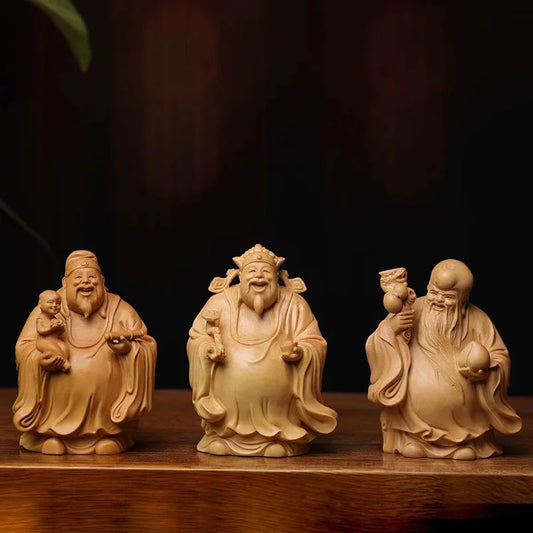 Natural Solid Wood Fu Lu Shou- Characters Statue Wooden Hand-Carved Home Room Office Fortune Decoration Statue Three-piece set