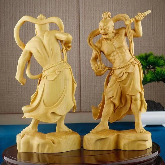 Natural Solid Wood Grand Marshal Marshals Hum Ha Two Will Door God Statue Hand-Carved Home Room Office Decor Figure Statue Suit
